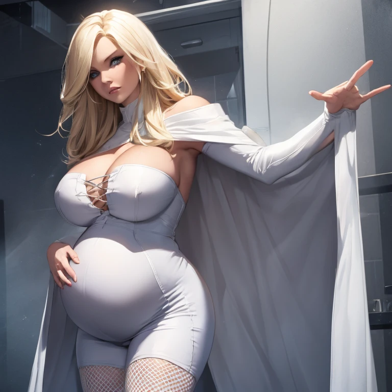  Very pregnant Emma Frost, tight white top, tight fishnet leggings, white cape, blonde hair, sexy pose, medium breasts, tight waist, cleavage covered by fishnets, hair over one eye, shy