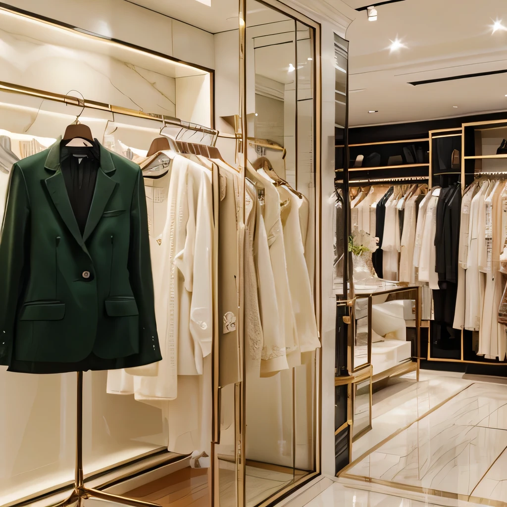 luxury store, elegant clothes, casual clothes, cream, Green, people shopping, very detailed, realistic, minimalist, delicate