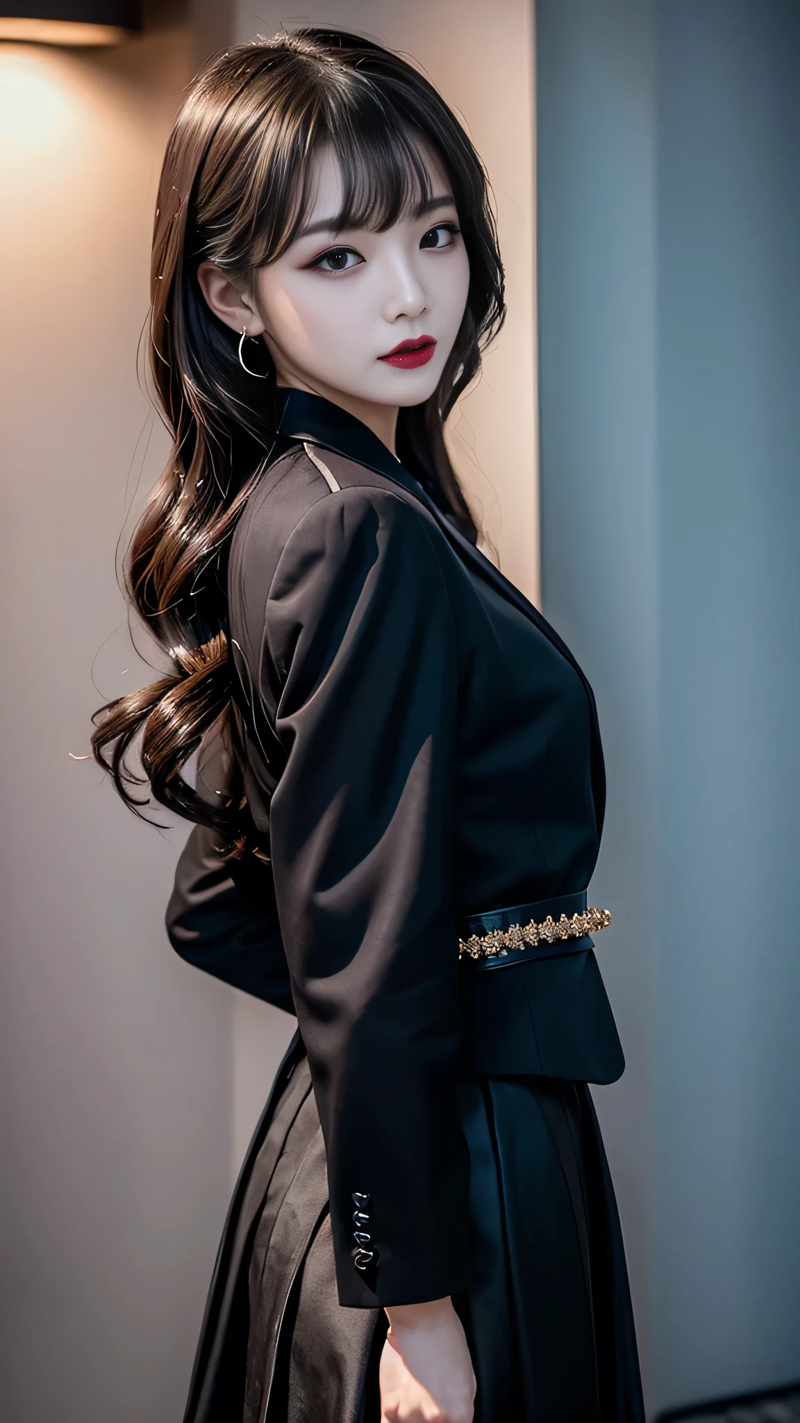 2girls、best quality、ultra-detailed、4k、Japanese、Seductive beauty、seductive adult woman、Pretty Woman、cool girl、Villainess、Brainwashed、brainwash、Fallen into evil、smirk、Evil look、Wicked Smile、evil、Brown hair、wavy hair、swept bangs、dark makeup、dark makeup、piercing eyes、hollow eyes,half-closed eyes、Hollow Eyes、Purple Eyeshadow、black lipstick、black lipglos、suit、Jacket、blouse、Black Ribbon、skirt、slit、Beautiful feet、Put your hands behind your back、night、Eerie Citadel、Are standing