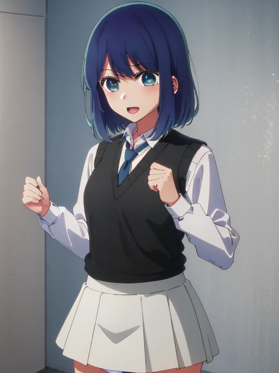 Beautiful lighting, One Girl, solo, Akane, White shirt, (((skirt)))，Sweater vest, Black vest, Blue tie, ((Anime Style))、((2D))、Laughter、Open your mouth、Look forward，((Cotton panties with crotch))，(((skirtめくり, I can see your pants)))，squat，From below，blush，Embarrassing，skirtを持ち上げる