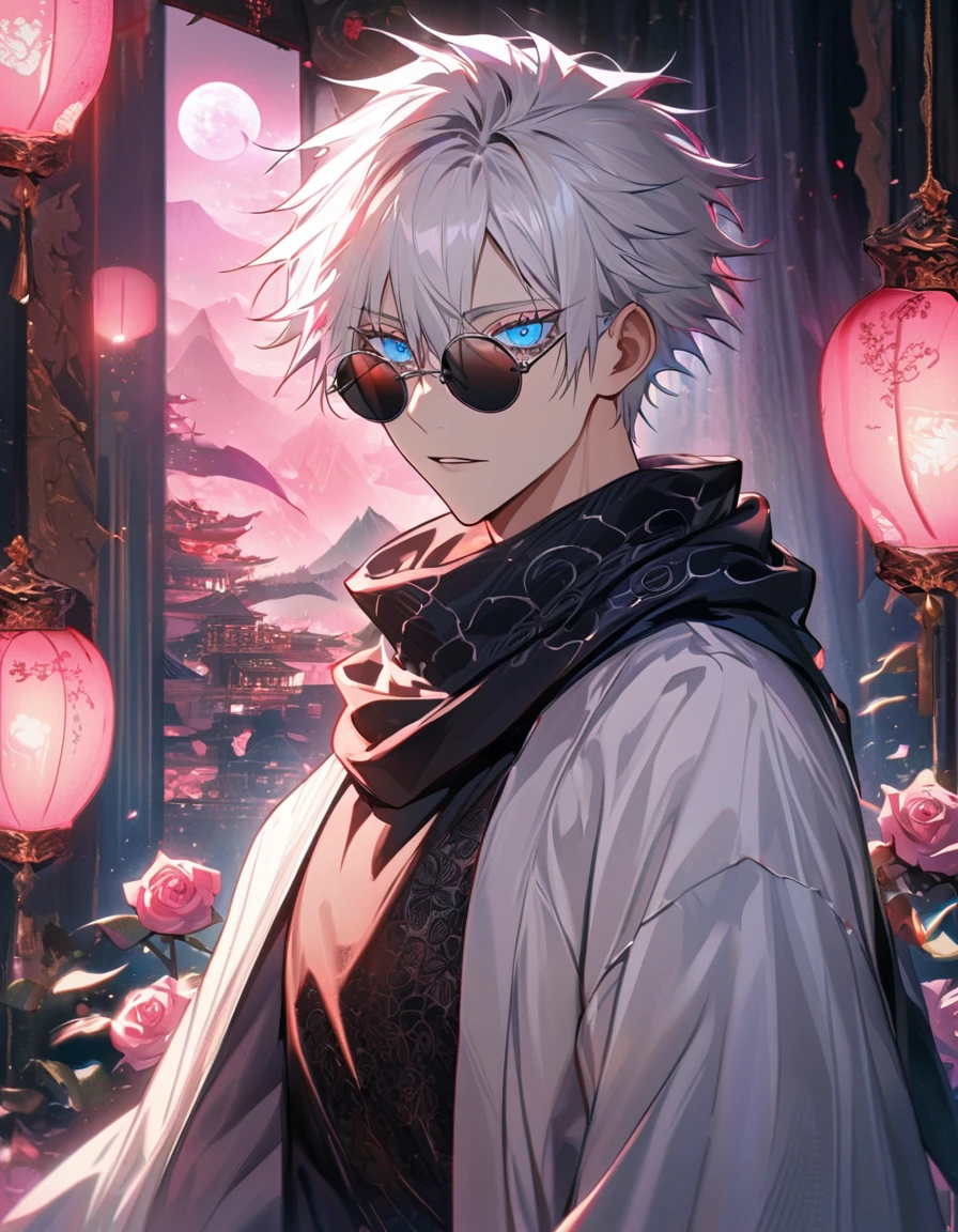 absurdres, highres, ultra detailed, HDR, masterpiece, extremely detailed face and eyes, Gojo Satoru, white hair with bangs, hair between the eyes, expressive vibrant blue eyes, white eyelashes, round black sunglasses, Jujutsu Kaisen, solo, swxy man, handsome, fantasy world, pink roses, pink curtains, shining pink lanterns, pink moon, black scarf, white haori, tight black shirt, patterns