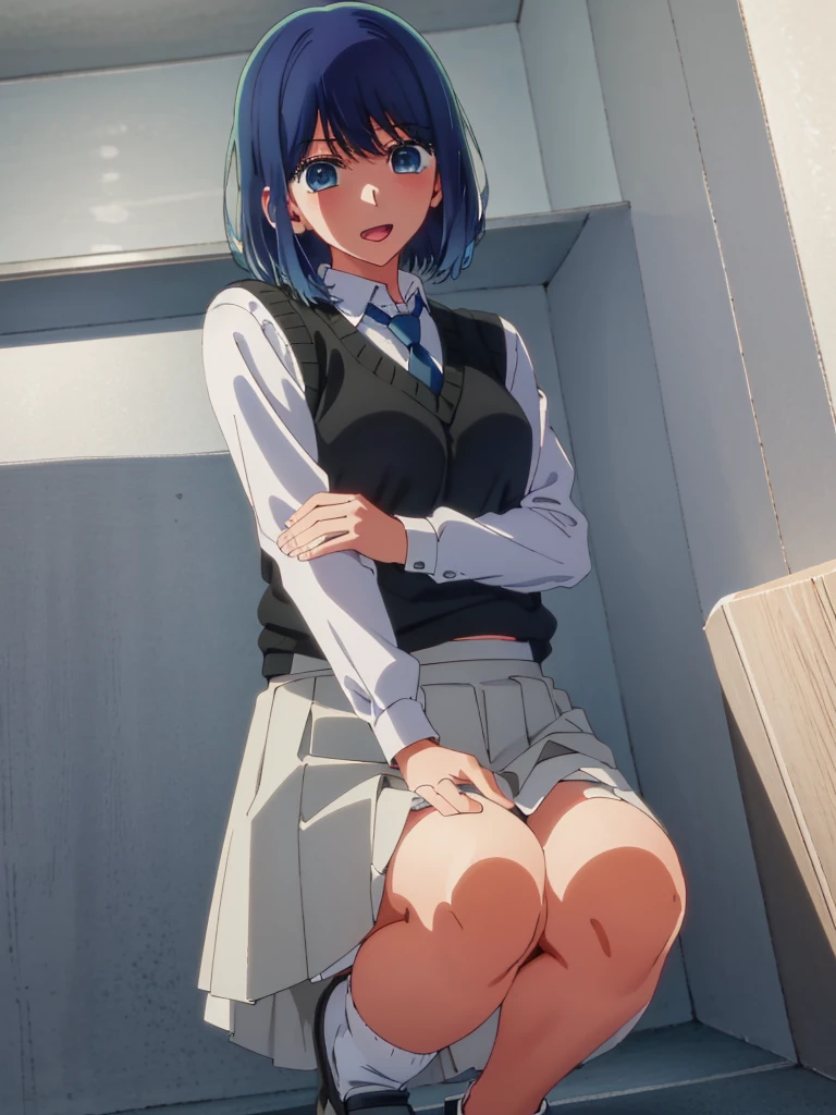 Beautiful lighting, One Girl, solo, Akane, White shirt, (((skirt)))，Sweater vest, Black vest, Blue tie, ((Anime Style))、((2D))、Laughter、Open your mouth、Look forward，((Cotton panties with crotch))，(((skirtめくり, I can see your pants)))，squat，From below，blush，Embarrassing，skirtを持ち上げる