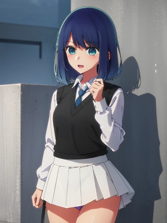 Beautiful lighting, One Girl, solo, Akane, White shirt, (((skirt))),Sweater vest, Black vest, Blue tie, ((Anime Style))、((2D))、Laughter、Open your mouth、Look forward,((Cotton with crotch)),(((skirtめくり, I can see your pants))),squat,From below,blush,Embarrassing,skirtを持ち上げる