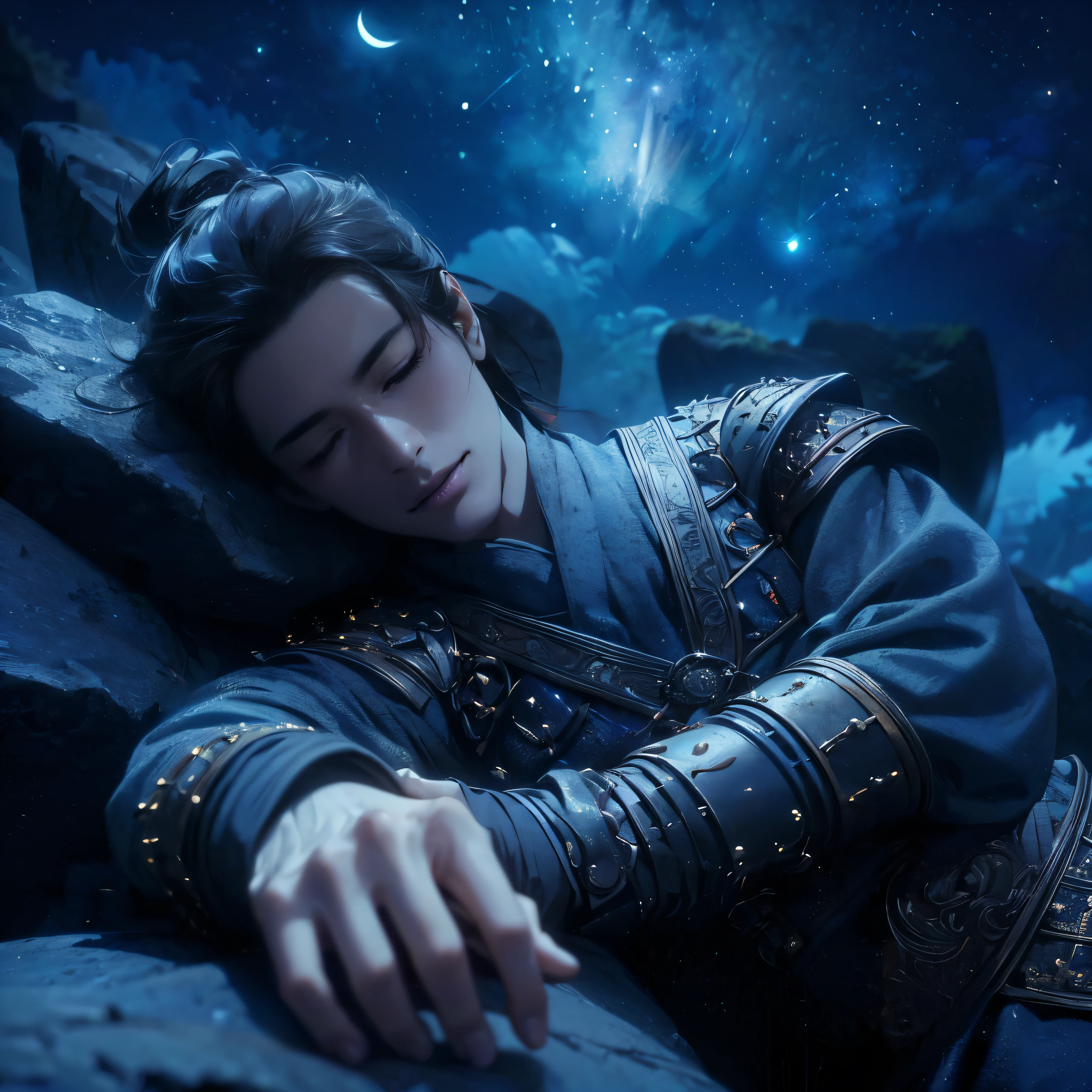 (Best Quality:1.2), (high resolution:1.2), (beautiful face and eye:1.5), (sharpest focus:1.2), (Ultra-realistic Photo:1.2), (Ultra-precise Photo:1.2), (Depth of field:1.2), (8k high resolution:1.2). (perfect :1.2), 
(nice hands:1.5), (perfect hands:1.5), (cynical smile:1.5), (A very young and beautiful Chinese man:1.0), (lying down quietly with closed sick eyes:1.8), (At the top of a steep rocky mountain:1.8), 
(Stars of Leo twinkling in the night sky:1.5), (Looking down angle:1.5), (holding a drawn sword:1.0), (Chinese warrior with very light armor and beat-up arms:1.0), (Pale complexion:1.5), 