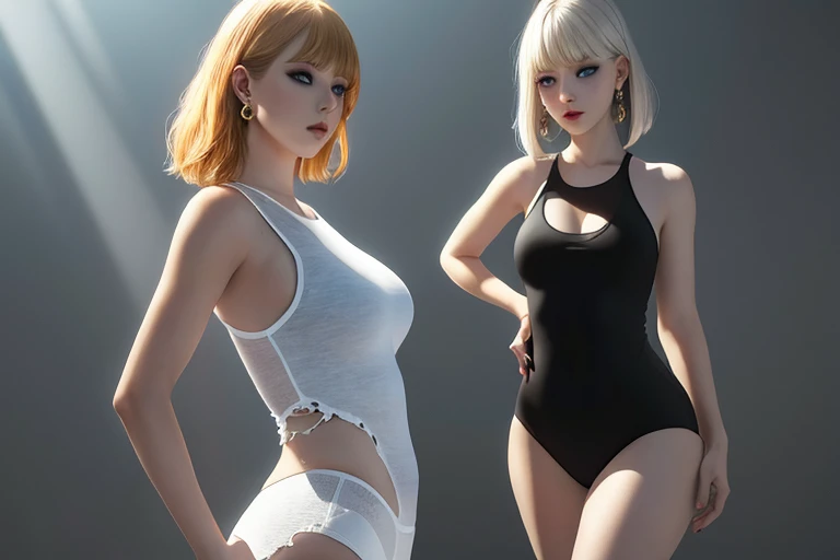 Ultra realistic, real girl, 16K, best quality, High resolution, hot atmosphere, dream atmosphere, 1 girl, 18 years old, short golden hair, cute bangs over the forehead, blue eyes, sexy eyes look, pale white skin, wearing alternative black outfit, earrings, fit slim body, big natural breasts, realistic slim hot body, tall and hot girl, seductive, sensual posture, big hips, thick legs, torn clothes, blurred background, Depth, dream aesthetic, Atmosphere of dream, cinematic lighting. 