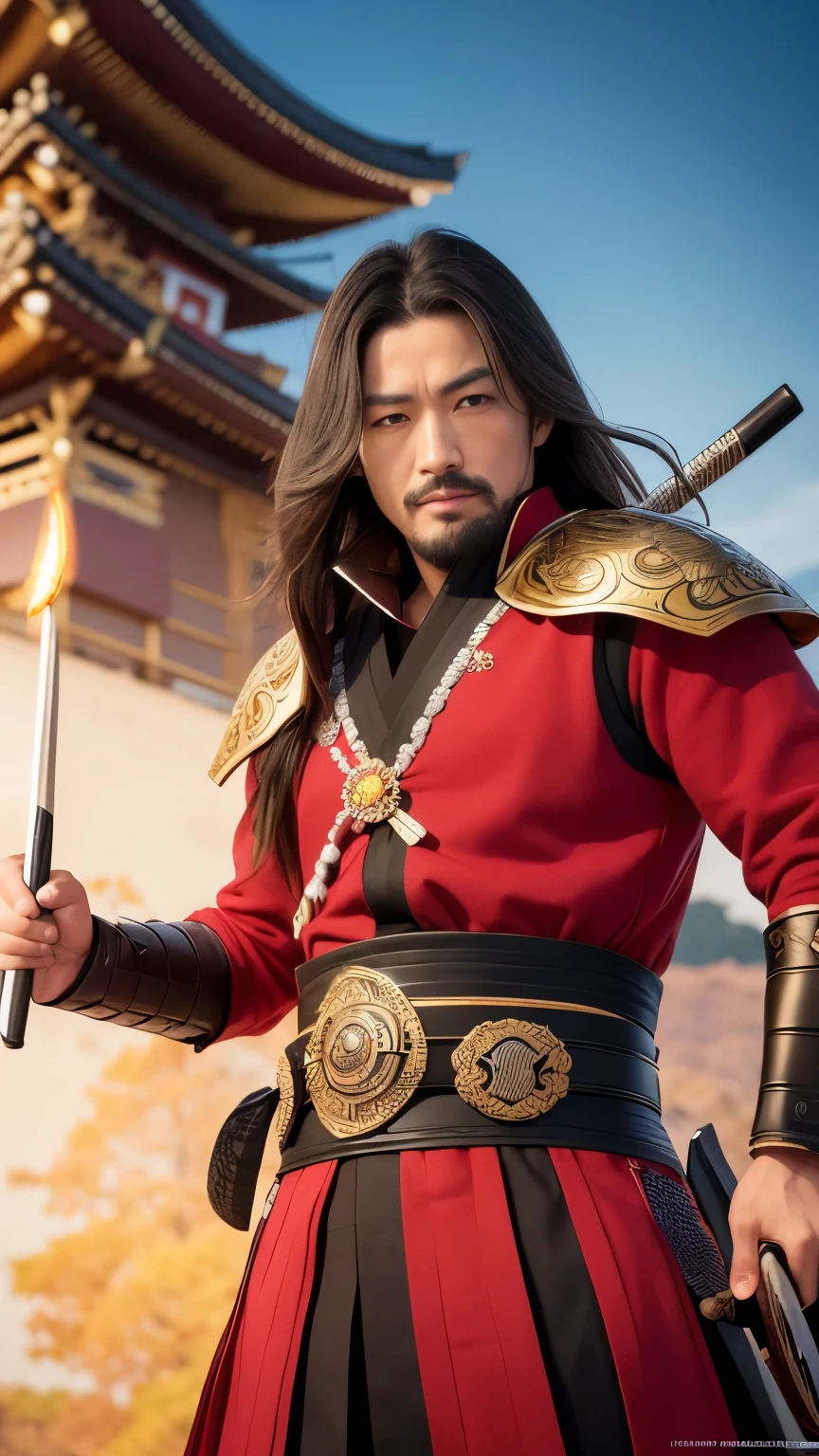 With high definition images, present a striking full-body portrayal of the renowned Sengoku warlord, Oda Nobunaga. The level of detail is so profound it resembles a scene plucked straight from a blockbuster film. Azuchi Castle, a majestic architectural marvel, graces the background, further enhancing the realistic, photo-realistic (1.37) representation of Nobunaga. Clad in authentic warlord attire, every detail from his intricately designed armor to the expressive lines of his face is brought to life in ultra-high resolution. The image, a masterpiece in its own right, boasts impressive details with every pixel meticulously craft