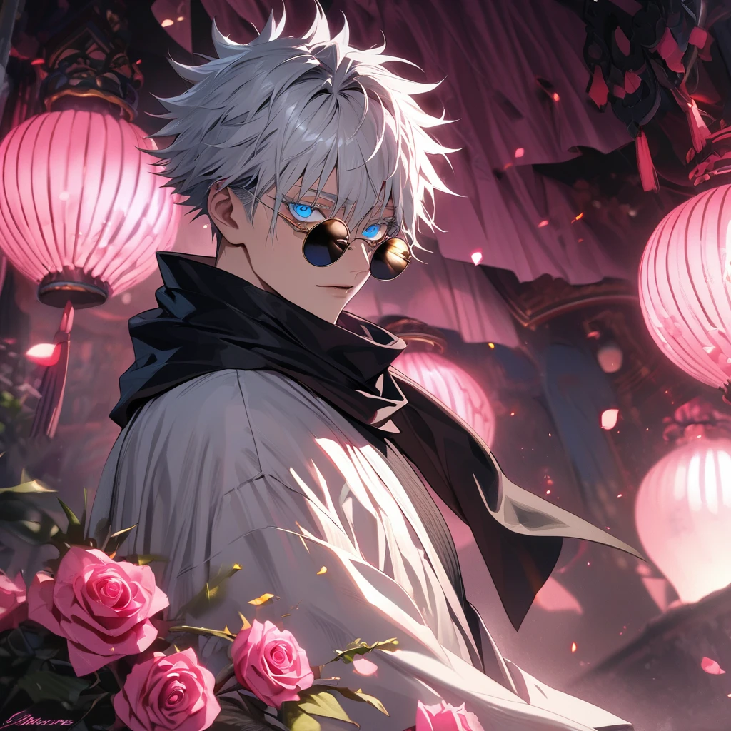 absurdres, highres, ultra detailed, HDR, masterpiece, extremely detailed face and eyes, Gojo Satoru, white hair with bangs, hair between the eyes, expressive vibrant blue eyes, white eyelashes, round black sunglasses, Jujutsu Kaisen, solo, sexy man, handsome, fantasy world, pink roses, pink curtains, shining pink lanterns, pink moon, black scarf, white haori, tight black shirt, patterns