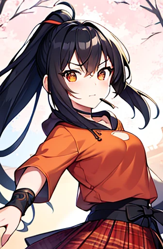 A captivating scene featuring a beautiful anime-style girl with distinctive facial features, Winter wonderland background. The girl has her black hair in a ponytail, single eyelid, Hooded, humid, Deeply engraved, Striking, deep orange, captivating eyes. Her face turns into a gentle smile. . she、She wears a sportura-themed top and micro mini skirt adorned with intricate floral patterns and sports designs。. And what he picks up is a Japanese sword. The background depicts a landscape illuminated by trees., Create a magical New Year atmosphere. The action is captured on camera as if he is swiftly swinging a Japanese sword., Iai cut adds movement and fun to the scene. By combining these elements、The result is a masterpiece of exceptional quality.。. ((bust size is very small.))，eating meat buns