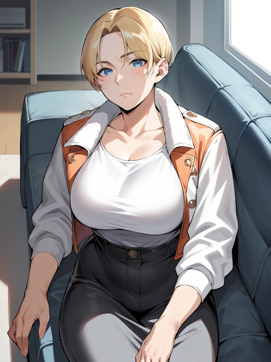 Score_9, score_8_up, score_7_up, source_anime, 1girl, solo, large breasts, jacket, blonde, blue eyes, apex legends, mature, mature female, clothed, sfw, rating:general, indoors, home, couch, lying down, leaning on couch, frown, ikuchan