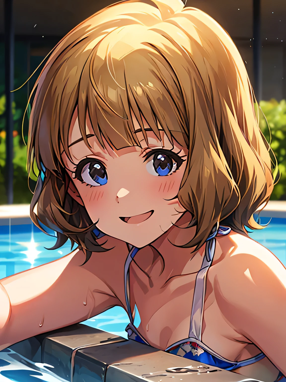 momoko suou (million live), 1 girl, Solo, Cute Girl,Best Quality, Ultra-detailed, 8K, High resolution, detailed face, bikini, wet hair, wet skin, smile, have fun, in the pool, strong right,