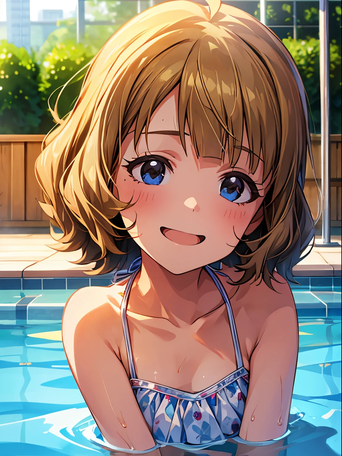 momoko suou (million live), 1 girl, Solo, Cute Girl,Best Quality, Ultra-detailed, 8K, High resolution, detailed face, bikini, wet hair, wet skin, smile, have fun, in the pool, strong right,