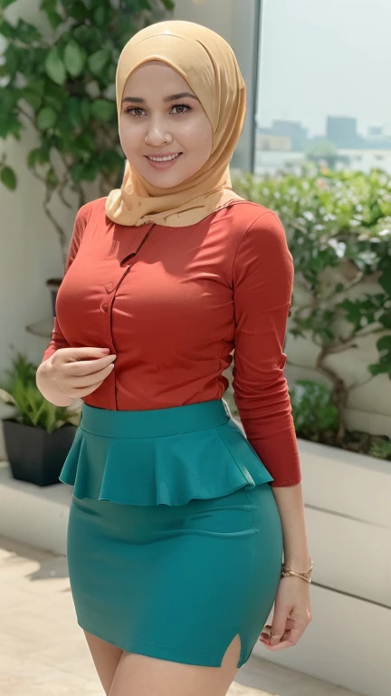 RAW, Best quality, high resolution, masterpiece: 1.3), beautiful 18 years old indonesian muslim girl, (wearing hijab), Masterpiece, perfect fit body, naughty smile, big breast, Soft smile,thick thighs, modern hijab, girl in sexy office suit, wearing a sexy peplum blazer, cleavage cutout, long skirt, sexy office clothes,  afternoon walk, City garden, Excellent lighting, Bright colors, Clean lines