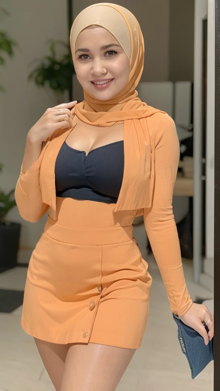 RAW, Best quality, high resolution, masterpiece: 1.3), beautiful 18 years old indonesian muslim girl, (wearing hijab), Masterpiece, perfect fit body, naughty smile, big breast, Soft smile,thick thighs, modern hijab, girl in sexy office suit, wearing a sexy peplum blazer, cleavage cutout, long skirt, sexy office clothes, afternoon walk, City garden, Excellent lighting, Bright colors, Clean lines