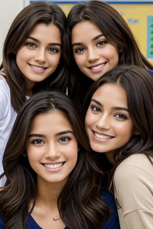 friends group highlights wearing a casual clothes, highly detailed, 22 years old, innocent face, natural wavy hair, hazel eyes, Beauty 5 people, 5 people beauties, Casual clothes, A hyper-realistic, Smiling expression, classroom hiquality, Friends group, Nikon, Canon, Fujifilm, HD, 4K, 8k 