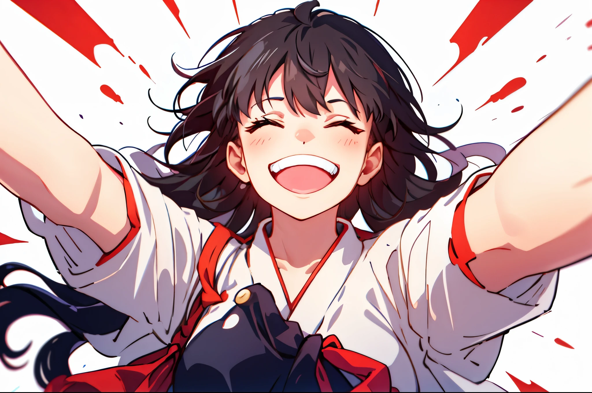 face focus, portrait, happy, smile, teeth, smirk, akagi_kantaicollection, long_hair, black_hair, closed eyes, miko clothes, 1girl, solo, (masterpiece:1.6, best quality),
