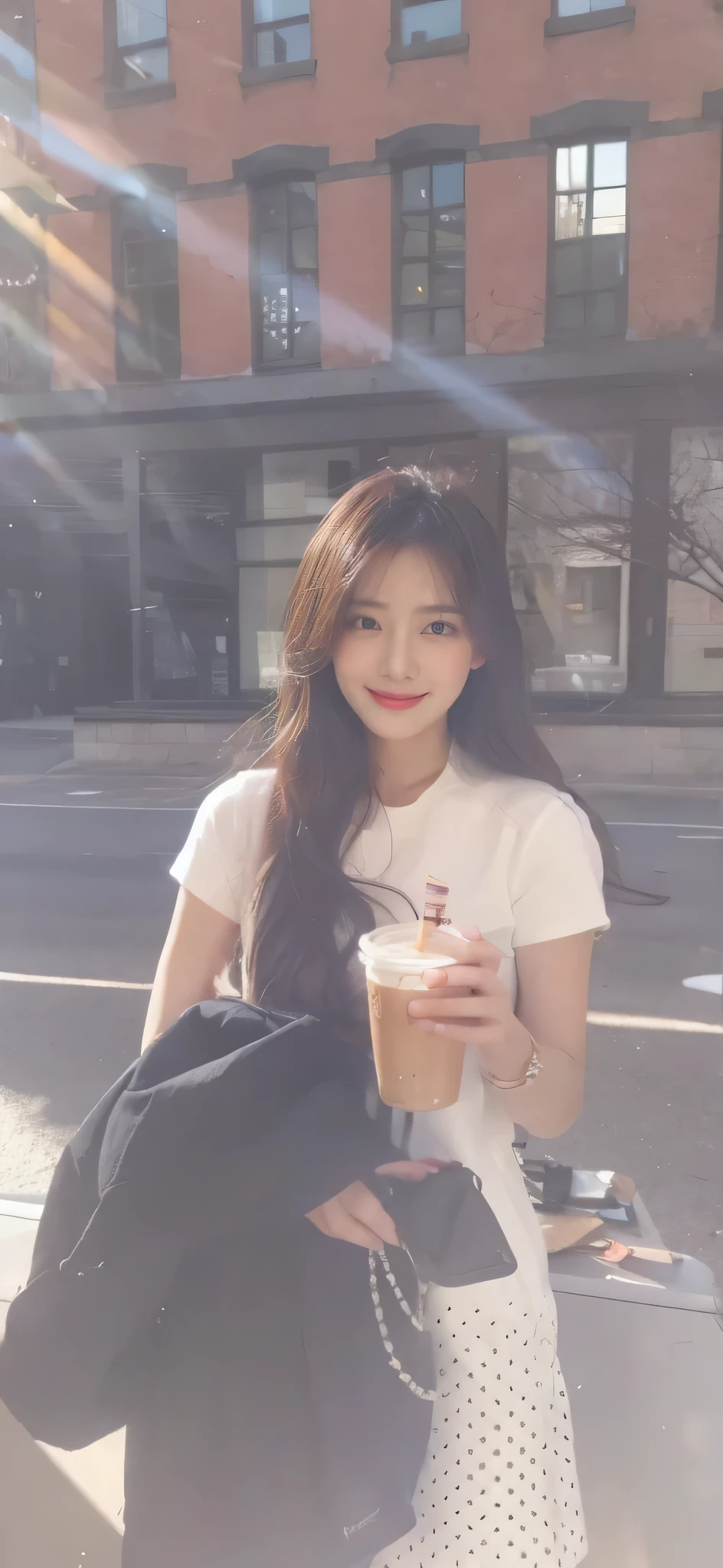 (on the table, best quality, Realistically, Super detailed, meticulous, high resolution, 8k wallpaper), Close-up portrait of a beautiful woman, like, Smile, Light brown messy hair, Perfect dynamic composition, Beautiful and meticulous eyes, Just like the cover of a fashion magazine, On Campus
