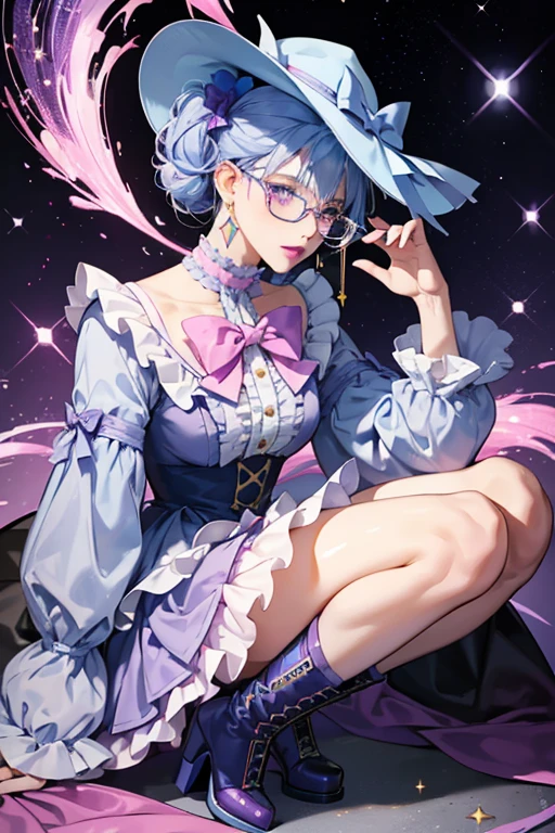 She is a light purple with light blue hair, pink lipstick, and black glasses with blue lenses. She has a pair of gold earrings and wears a gray frilled dress, a gray hat topped with a purple bow, and a pair of white heeled boots with three dots on the sides. SPARKLE; GLITTER