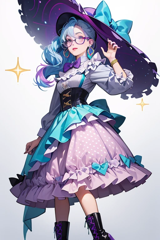 She is a light purple  with light blue hair, pink lipstick, and black glasses with blue lenses. She has a pair of gold earrings and wears a gray frilled dress, a gray hat topped with a purple bow, and a pair of white heeled boots with three dots on the sides.  SPARKLE; GLITTER