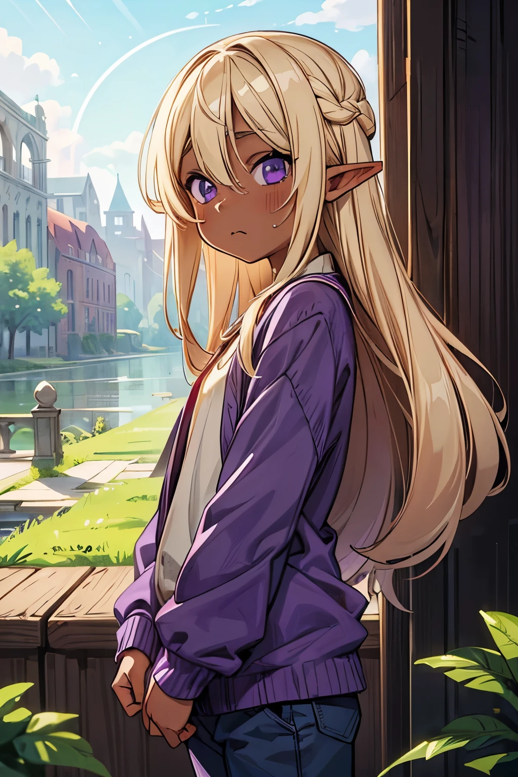 ((Masterpiece)), (Anime:1.3), ((best quality)), (RAW photo:1.2), (High Definition:1.3), (Professional Photography:1.2), (12 years old), (1girl), cute young girl, from side, BREAK, (Panicked face,:1.3), (Beautiful purple eyes:1.5), (dark skin), elf girl, wear a long cardigan, flat chest, slender waist, (hair over eyes:1.3), very long bangs, Shiny unruly hair, long hair, ((beautiful blond hair)), wear a long cardigan, shortpants, BREAK, ((best quality)), 🌈, (Panicked Pose:1.4), (on the riverside), Beautiful ruins Background,