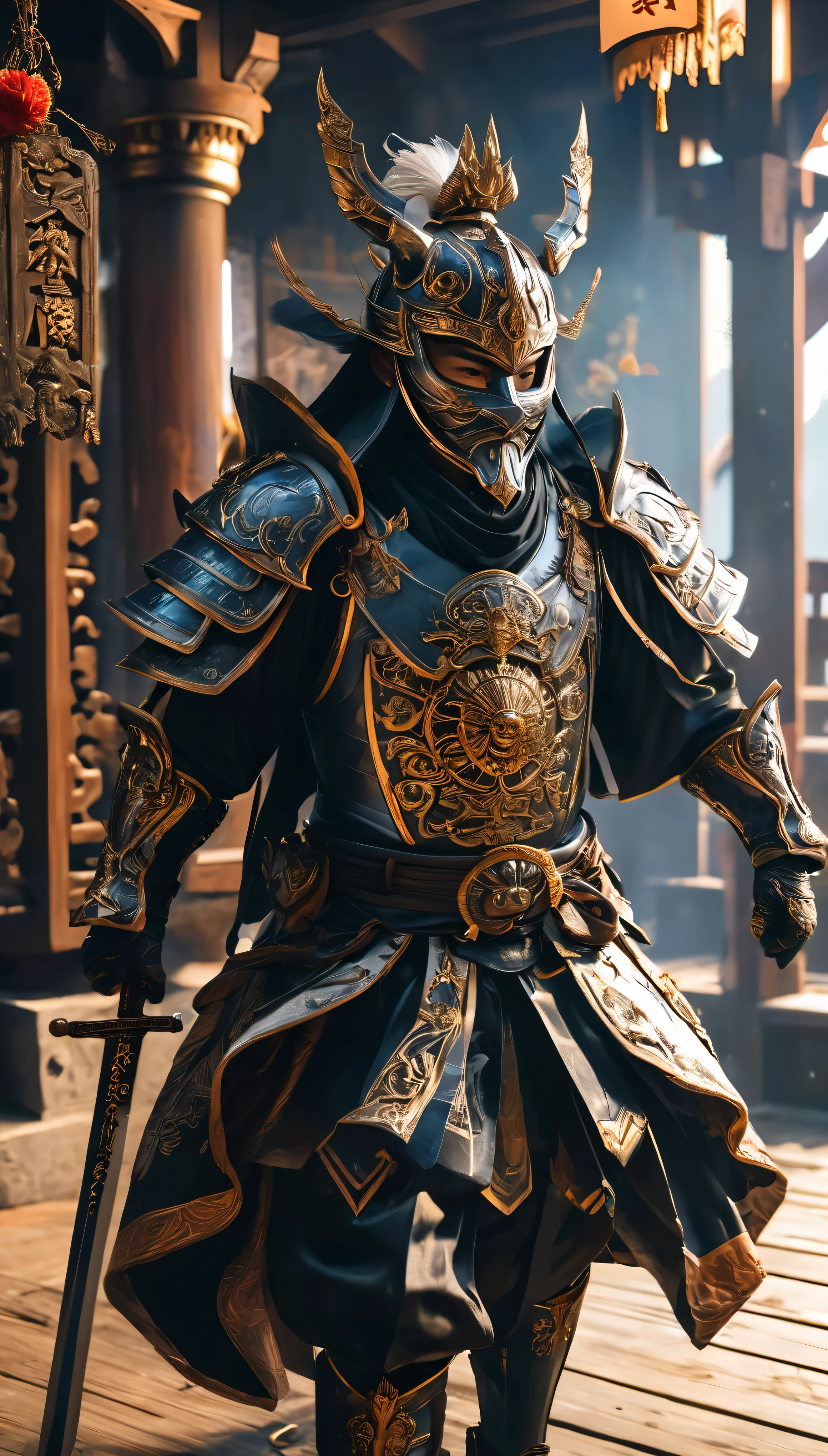 with high definition images、 Dressed in black armor、Wield the sword、 The double hides his face behind a mask、 It exudes an aura of menace and mystery.。The spectacular castle backdrop has been meticulously designed.、 The intricately carved architecture and illuminated wooden structures、Casts a long, dramatic shadow。Enigmatic figures captured in photorealistic detail、 Mask Line、The bright sun added to the overall impact of the scene.。The costumes of Japanese warlords from the Sengoku period decorate the image.、Best Movies