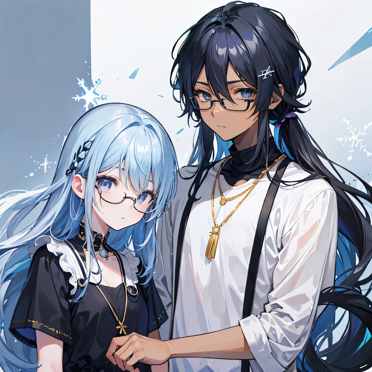 anime black man with long navy blue hair, has vitiligo gold left eye, light blue right eye, glasses on the top of his head with a snow flake hair clip, has a necklace, a black sleeveless shirt