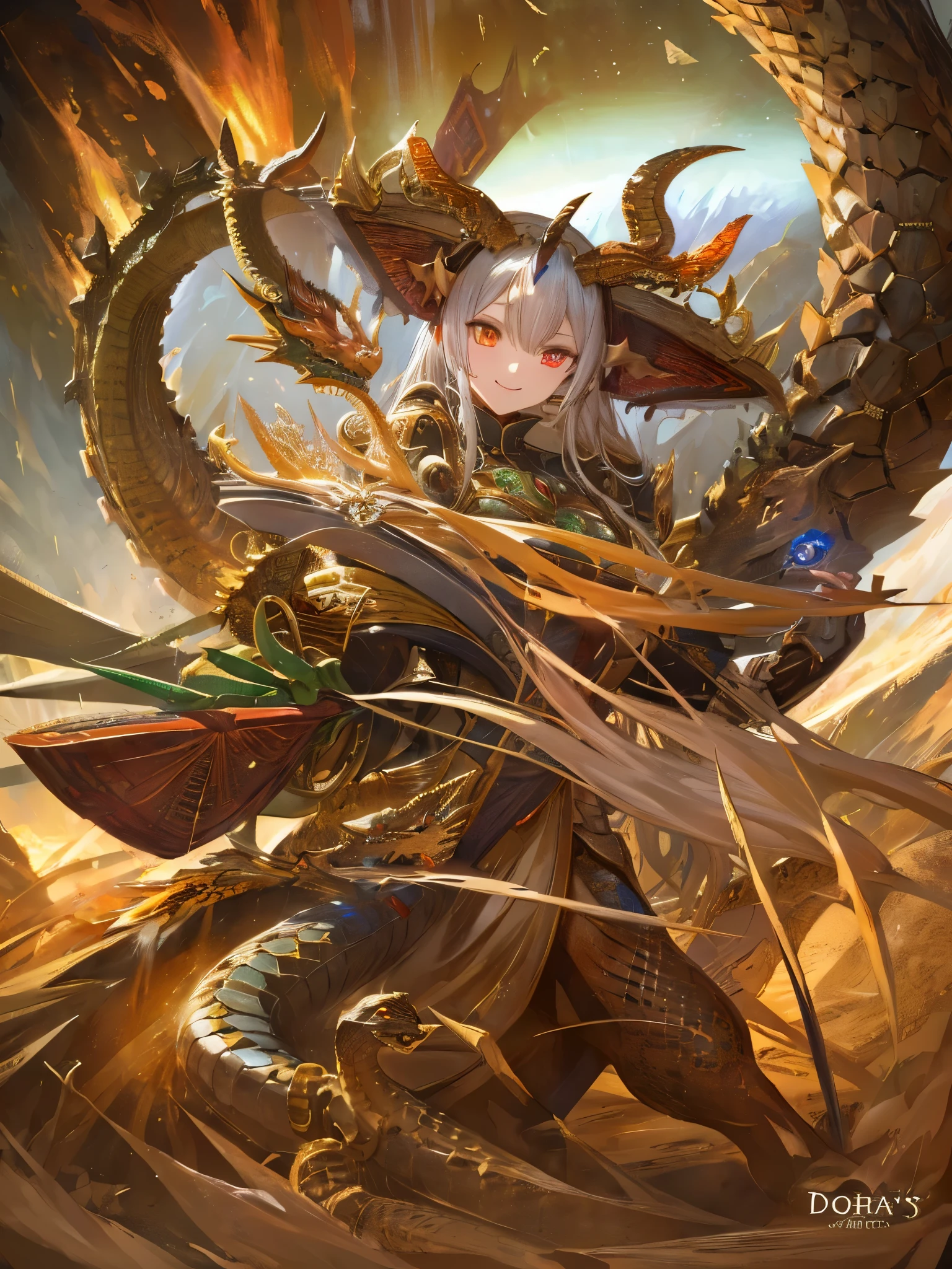 ((highest quality)),(Ultra-high resolution),(Very detailed),(Detailed Description),((The best CG)),(A masterpiece),Ultra-precise art,Amazing drawing art,(Fantasy art with intricate detail:1.5), (Female Dragon:1.4),(Snake's Eye:1.6),(smile:1.4),(Each grasshopper has two horns:1.5),(Scale skin:1.6,),(Sharp Claws:1.4)