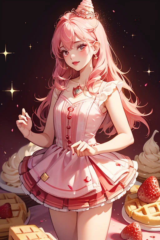 She is a  ice cream cone,She is a strawberry and vanilla ice cream in a brown waffle cone. She wears red lipstick and has small pink arms and legs that come out at the bottom of the cone. SPARKLE; GLITTER