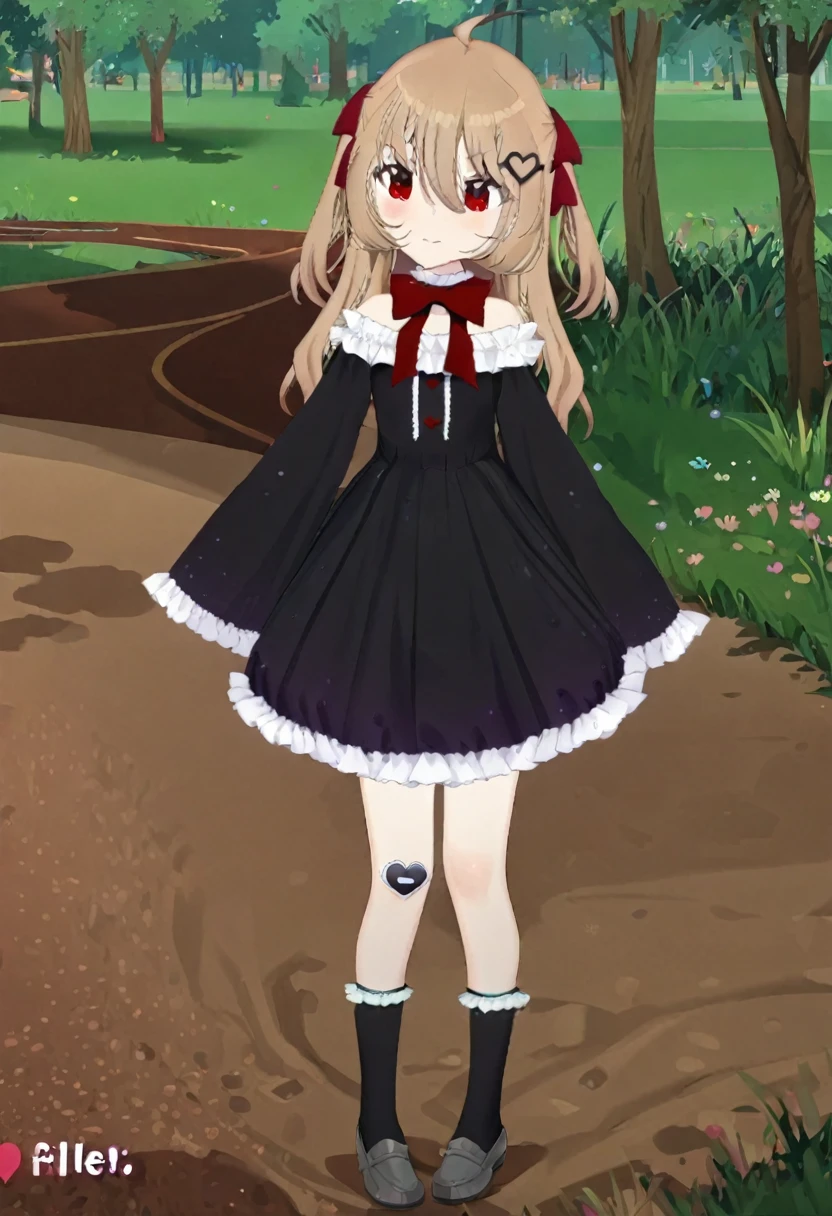 1girl, evil neuro-sama, red eyes, light brown hair, ahoge, two side up, hair ribbon, dark red ribbon, heart hair ornament, black dress, frilled dress, off-shoulder dress, bare shoulders, frilled choker, long sleeves, red bow, red buttons, black heart, black socks, frilled socks, grey footwear, loafers, (masterpiece, best quality), highly detailed, finely detailed, wet, see-through, outdoor, park