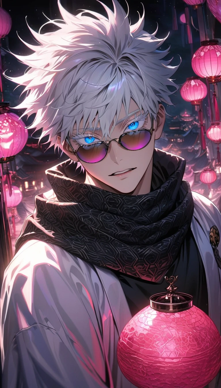 absurdres, highres, ultra detailed, HDR, masterpiece, extremely detailed face and eyes, Gojo Satoru, white hair with bangs, hair between the eyes, expressive vibrant blue eyes, white eyelashes, round black sunglasses, Jujutsu Kaisen, solo, sexy man, handsome, fantasy world, pink roses, pink curtains, shining pink lanterns, pink moon, black scarf, white haori, tight black shirt, patterns