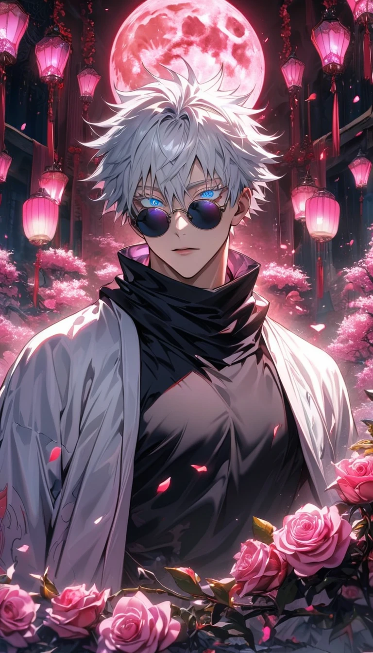 absurdres, highres, ultra detailed, HDR, masterpiece, extremely detailed face and eyes, Gojo Satoru, white hair with bangs, hair between the eyes, expressive vibrant blue eyes, white eyelashes, round black sunglasses, Jujutsu Kaisen, solo, sexy man, handsome, fantasy world, pink roses, pink curtains, shining pink lanterns, pink moon, black scarf, white haori, tight black shirt, patterns