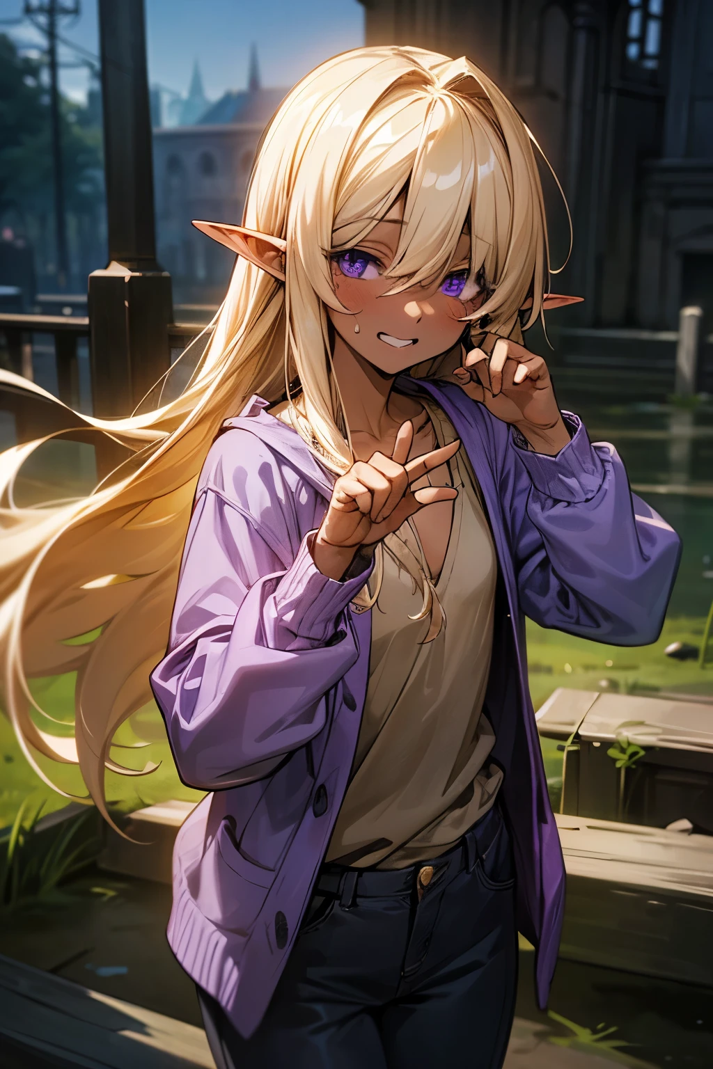 ((Masterpiece)), (Anime:1.3), ((best quality)), (RAW photo:1.2), (High Definition:1.3), (Professional Photography:1.2), (), (1girl), cute young girl BREAK, (Panicked face,:1.3), (Beautiful purple eyes:1.5), (dark skin), elf girl, wear a long cardigan, flat chest, slender waist, (hair over eyes:1.3), very long bangs, Shiny unruly hair, long hair, ((beautiful blond hair)), wear a long cardigan, shortpants, BREAK, ((best quality)), 🌈, (Panicked Pose:1.4), (on the riverside), Beautiful ruins Background,