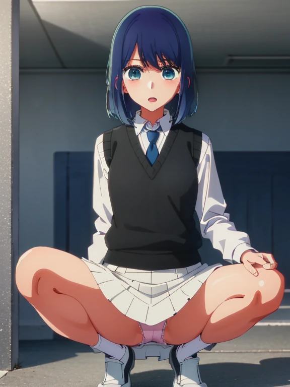 Beautiful lighting, One Girl, solo, Akane, White shirt, (((skirt))),Sweater vest, Black vest, Blue tie, ((Anime Style))、((2D))、Laughter、Open your mouth、Look forward,((Cotton panties with crotch)),(((skirtめくり, I can see your pants))),squat,From below,blush,Embarrassing,skirtを持ち上げる,Spread your legs,skirtをめくる,