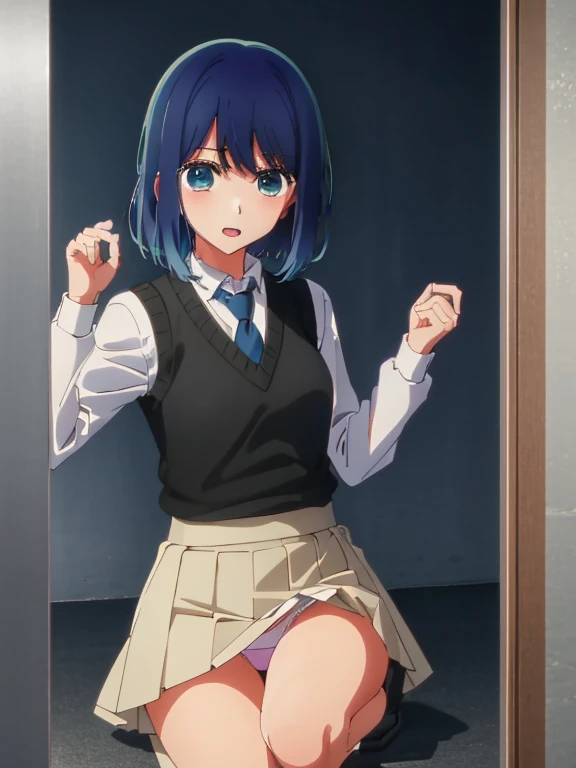 Beautiful lighting, One Girl, solo, Akane, White shirt, (((skirt))),Sweater vest, Black vest, Blue tie, ((Anime Style))、((2D))、Laughter、Open your mouth、Look forward,((Cotton panties with crotch)),(((skirtめくり, I can see your pants))),squat,From below,blush,Embarrassing,skirtを持ち上げる,Spread your legs,skirtをめくる,