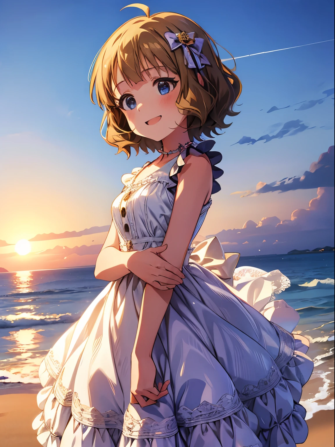 momoko suou (million live), 1 girl, Solo, Cute Girl,Best Quality, Ultra-detailed, 8K, High resolution, detailed face, sun dress, white dress, frilled dress, lacy dress, gentle smile, on the beach, strong right:1.2,