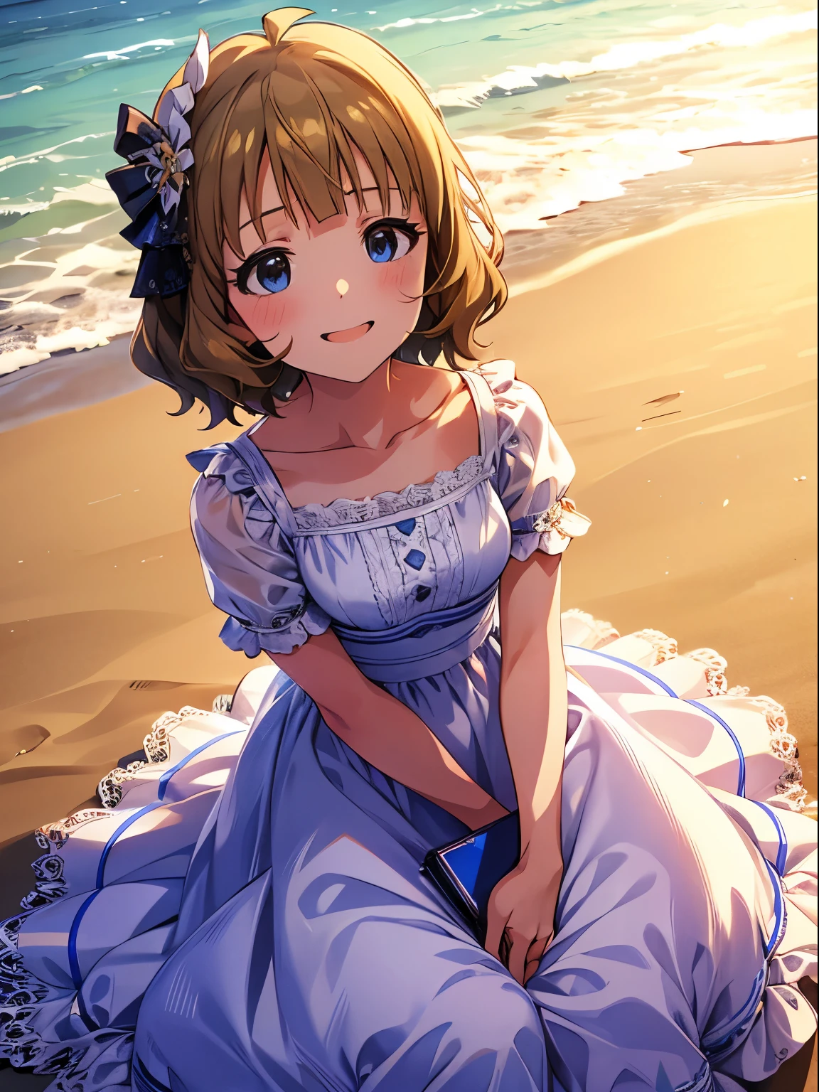 momoko suou (million live), 1 girl, Solo, Cute Girl,Best Quality, Ultra-detailed, 8K, High resolution, detailed face, sun dress, white dress, frilled dress, lacy dress, gentle smile, on the beach, strong right:1.2,