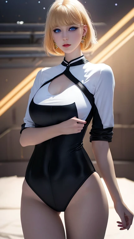 Ultra realistic, real girl, 16K, best quality, High resolution, hot atmosphere, dream atmosphere, 1 girl, 18 years old, short golden hair, cute bangs over the forehead, blue eyes, sexy eyes look, pale white skin, wearing a sexy black outfit, earrings, fit slim body, big natural breasts, realistic slim hot body, tall and hot girl, seductive, sensual posture, big hips, thick legs, torn clothes, blurred background, Depth, dream aesthetic, Atmosphere of dream, cinematic lighting. 