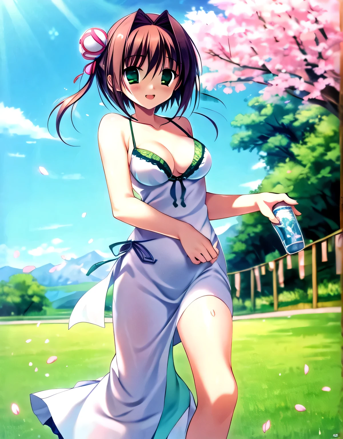 asakura_yume,Brown Hair,Medium Chest,Aqua Eye,White skin,Cherry-blossom viewing,((Are standing)),((Breast augmentation)),(((((green_Summer Dresses))))),((valley)),No bra,smile,Open your mouth,