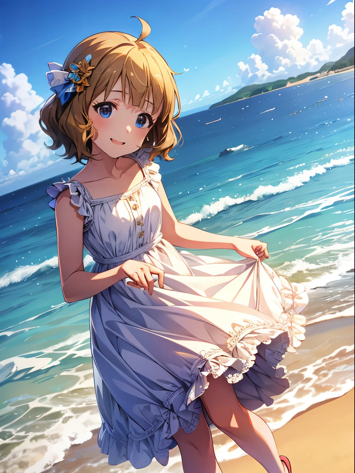 momoko suou (million live), 1 girl, Solo, Cute Girl,Best Quality, Ultra-detailed, 8K, High resolution, detailed face, sun dress, white dress, frilled dress, lacy dress, sandals, gentle smile, on the beach, strong right:1.2,