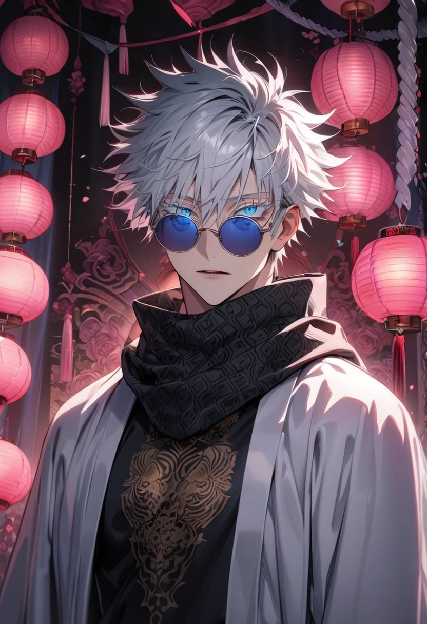 absurdres, highres, ultra detailed, HDR, masterpiece, extremely detailed face and eyes, Gojo Satoru, white hair with bangs, hair between the eyes, expressive vibrant blue eyes, white eyelashes, round black sunglasses, Jujutsu Kaisen, solo, sexy man, handsome, pink roses, pink curtains, shining pink lanterns, pink moon, black scarf, white haori, tight black shirt, patterns