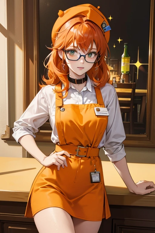 The waitress is a darkish orange with bushy, red-orange hair. She wears a lime green shirt that has a yellow collar. She also wears a lime green hat with a light yellow rim, black glasses, and a blue & red name tag. In the top left of her hair, there is a blue pen sticking out. SPARKLE; GLITTER