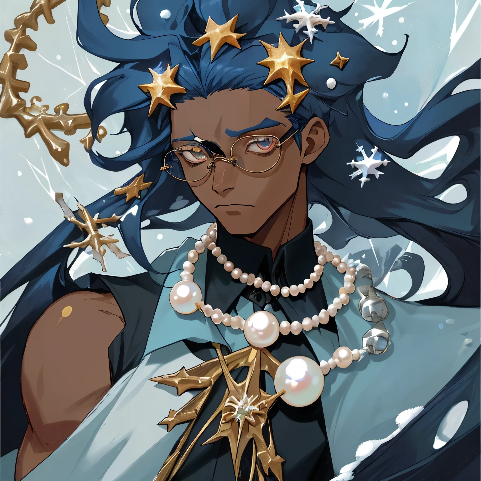 Black man, long dark navy blue hair, vitiligo, gold left eye, light blue right eye, glasses on the top of head, snow flake hair clip, pearl necklace, a black sleeveless shirt 