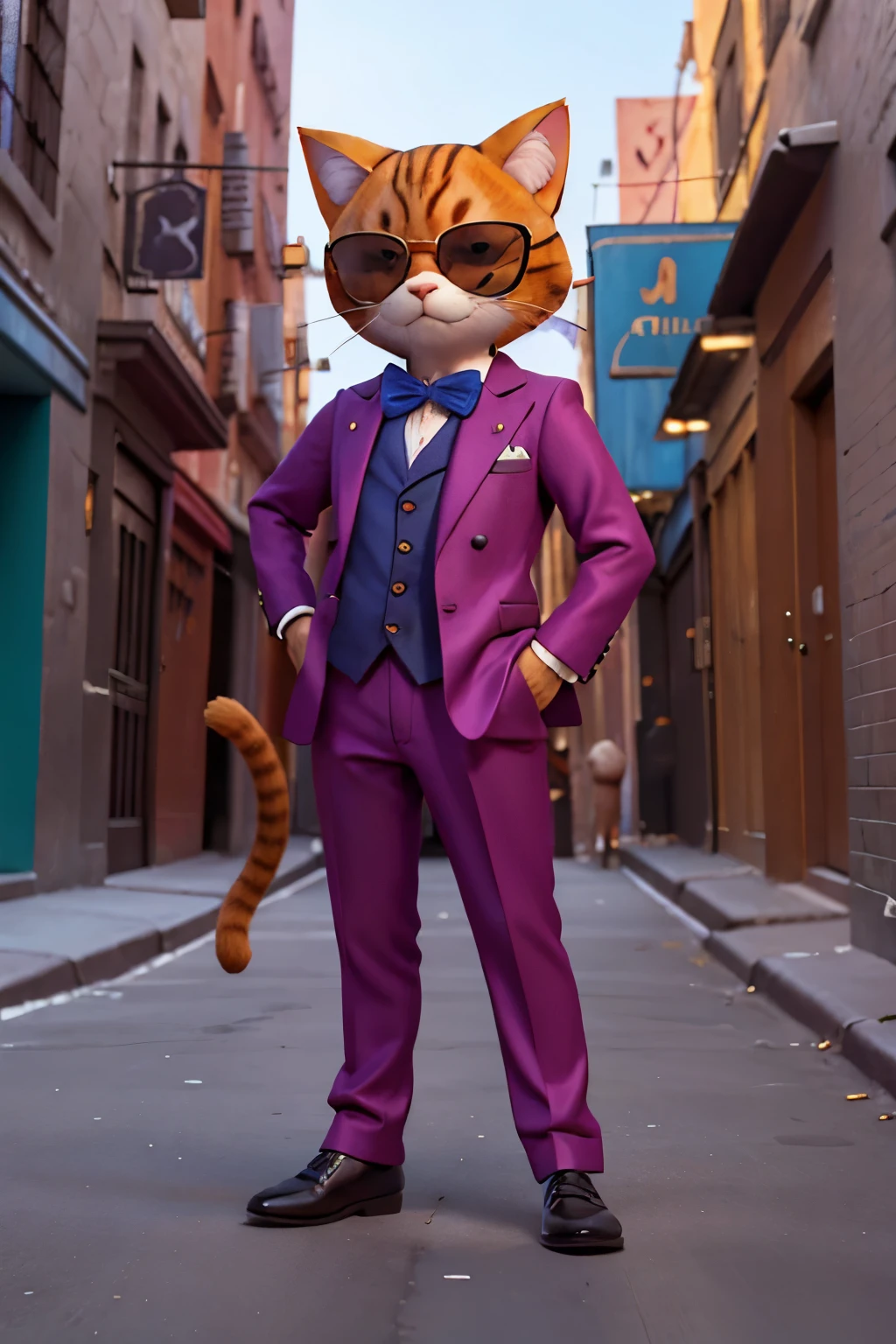 cat in a pimp suit wearing sunglasses, standing in a dark New York alley at night, looking devious