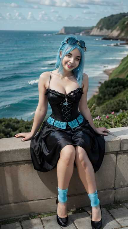 Woman with cyan hair, a lovely smile and in a sitting position, she has a dress with a corset on and ocean princess shoes. With a black silk blindfold