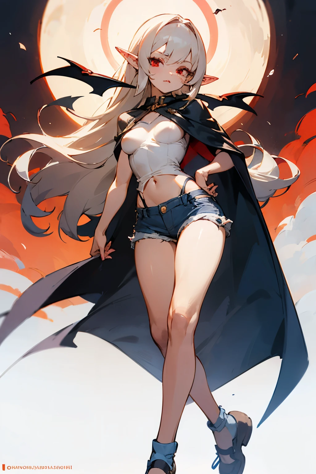 straight angle young beautiful little elf vampire with long ashen hair light open dark top denim shorts rag shoes without fasteners beautiful slightly open breasts breasts of the second size without a cape full height in excellent quality