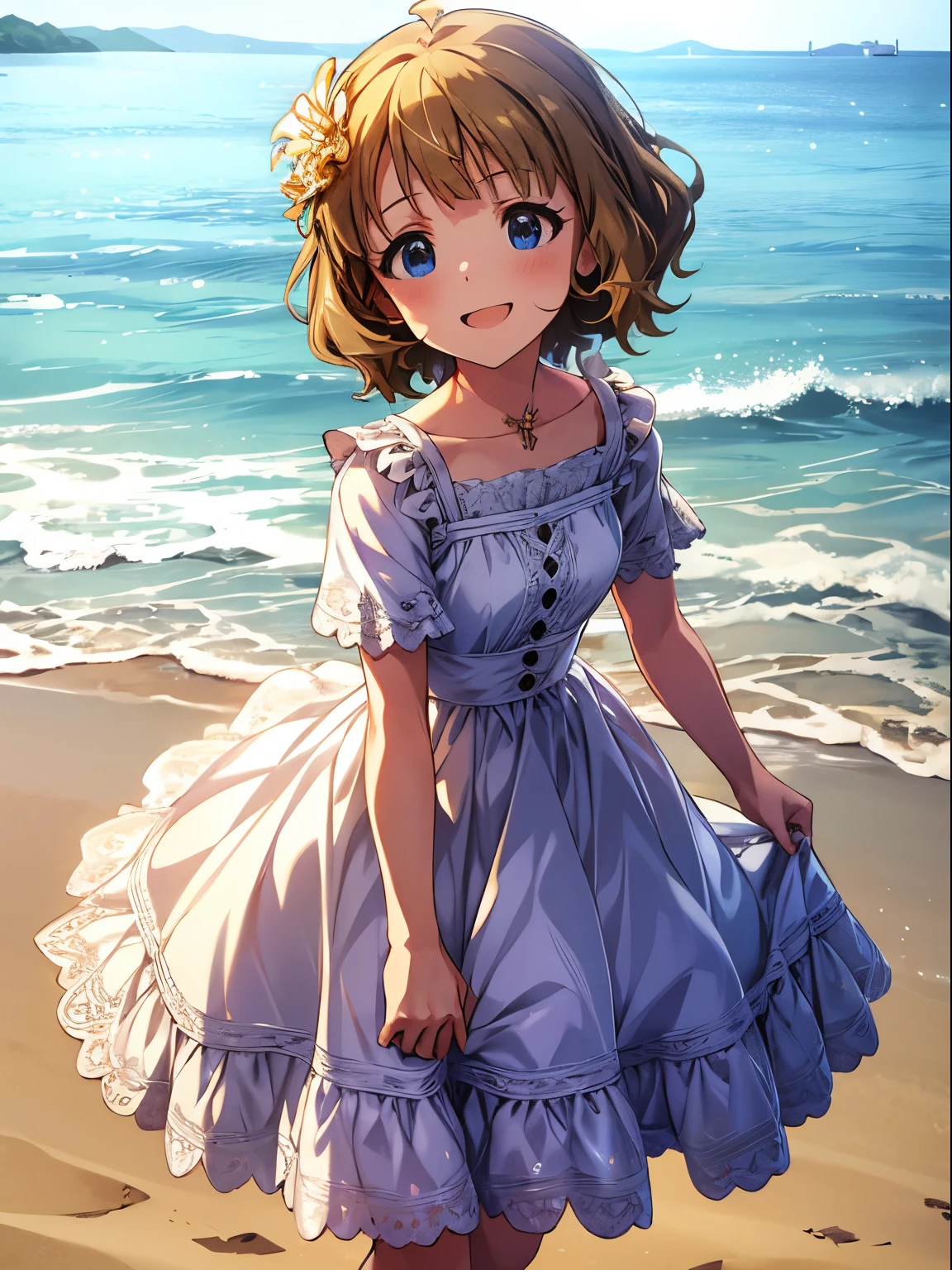 momoko suou (million live), 1 girl, Solo, Cute Girl,Best Quality, Ultra-detailed, 8K, High resolution, detailed face, sun dress, white dress, frilled dress, lacy dress, sandals, gentle smile, on the beach, strong right:1.2,