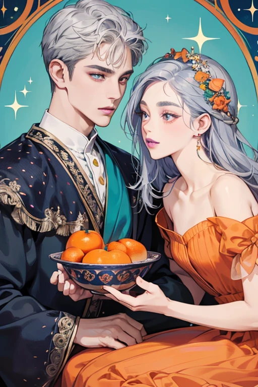 She has bluish-teal skin with light purple lips and dark red-orange spots on her chin. She wears a light orange dress and has a small fruit bowl in her gray hair. Her eyes also appear to look in two different directions rather than one and different oval shapes. SPARKLE; GLITTER