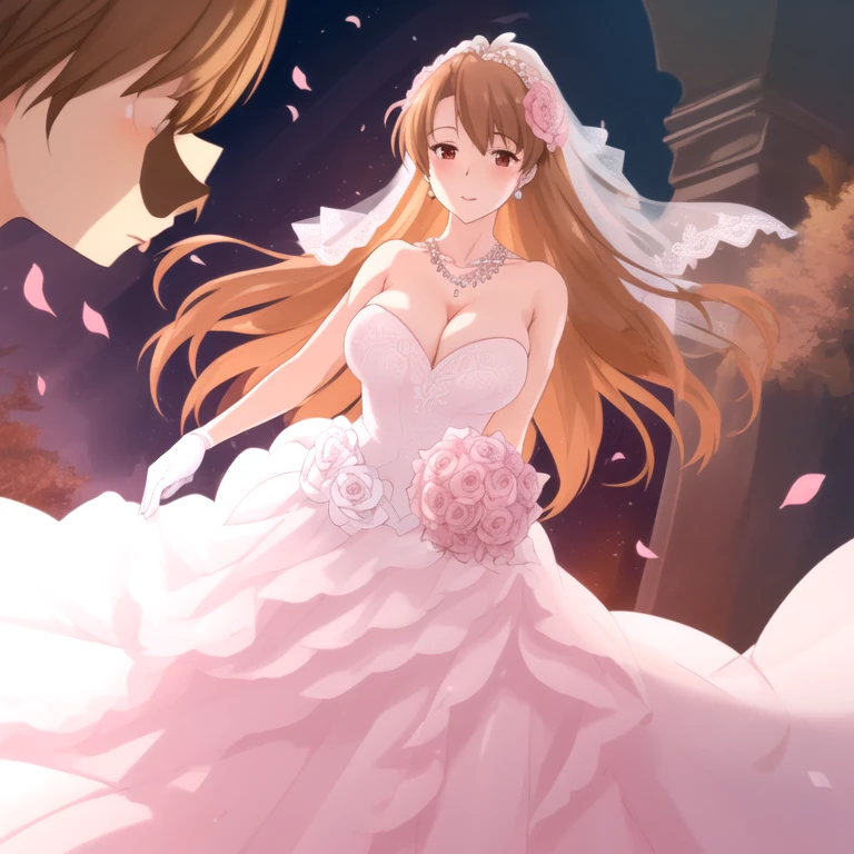 Tianyu_mist, Close-up of a beautiful bride in a wedding dress,Gurwitz,Blushing,Head flower,headgear,(Tube Top Wedding Dresses:1.5),(Silk dress:1.2),(Strapless Wedding Dress:1.5),Pure white dress,necklace,Earrings,(Large Breasts:1.3),necklace,Deep V Peach Heart Color Wedding Dress,bangs,bouquet,lipstick,(White long elbow gloves:1.3),(Bridal Veil:1.2),(Transparent short veil:1.2),Bust photo,High definition RAW color art,Tyndall phenomenon,front,Half Body