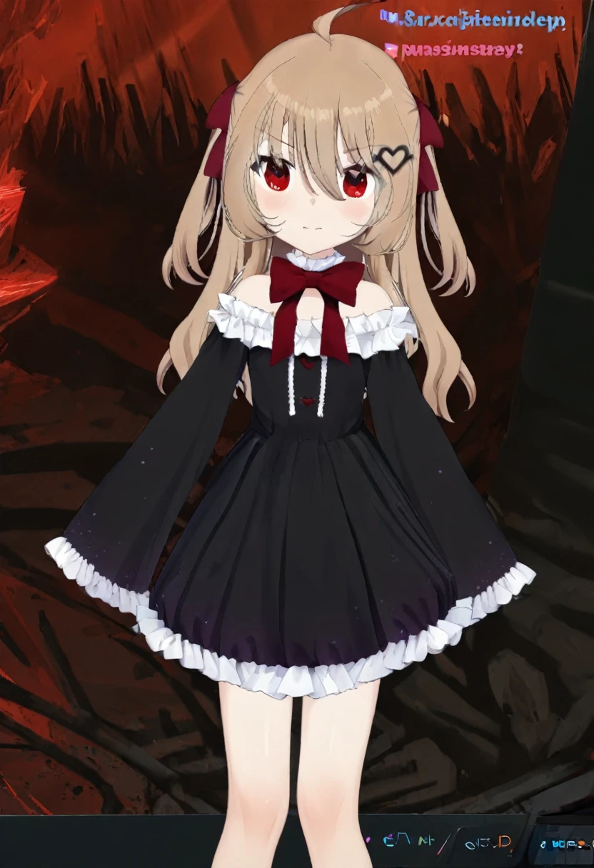 1girl, evil neuro-sama, (yuzu modoki), red eyes, light brown hair, ahoge, two side up, hair ribbon, dark red ribbon, heart hair ornament, black dress, frilled dress, off-shoulder dress, bare shoulders, frilled choker, long sleeves, red bow, red buttons, black heart, black socks, frilled socks, grey footwear, loafers, (masterpiece, best quality), highly detailed, finely detailed, from above, arm behind back, wet, angry, gagged, looking at viewer, spread legs, see-through dress, covered nipples, sitting, underwear, cleavage, knees to chest,