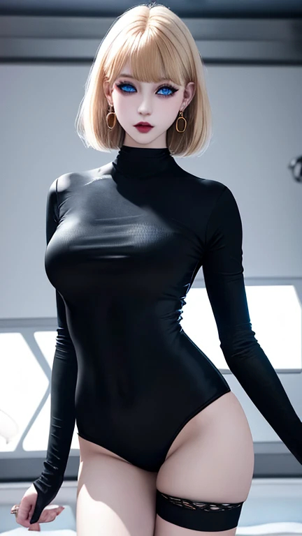 Ultra realistic, real girl, 16K, best quality, High resolution, hot atmosphere, dream atmosphere, 1 girl, 18 years old, short golden hair, goth makeup, cute bangs over the forehead, blue eyes, sexy eyes look, black lips, pale white skin, wearing a sexy black outfit, earrings, fit slim body, big natural breasts, realistic slim hot body, tall and hot girl, seductive, sensual posture, big hips, thick legs, torn clothes, blurred background, Depth, dream aesthetic, Atmosphere of dream, cinematic lighting.