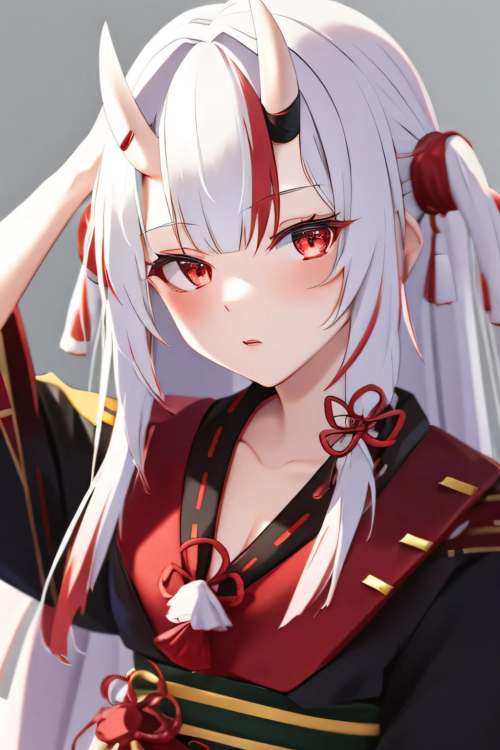 anime girl, white hair with red tips, with horns on his head, Nakiri Ayame, ubrana w kimono. smutna twarz, the best quality, 2k, 4k, Masterpiece